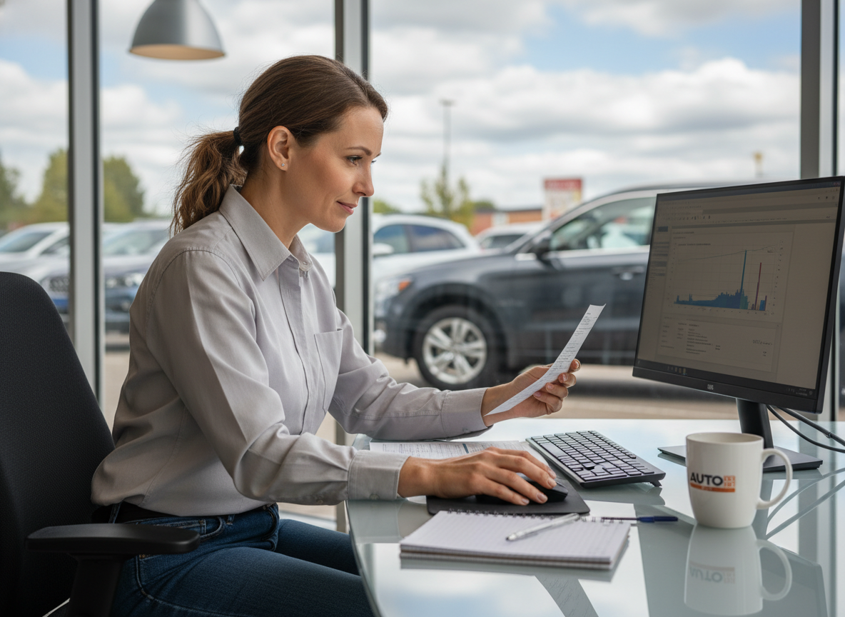 Femme au bureau de concession reviewant une fiche
