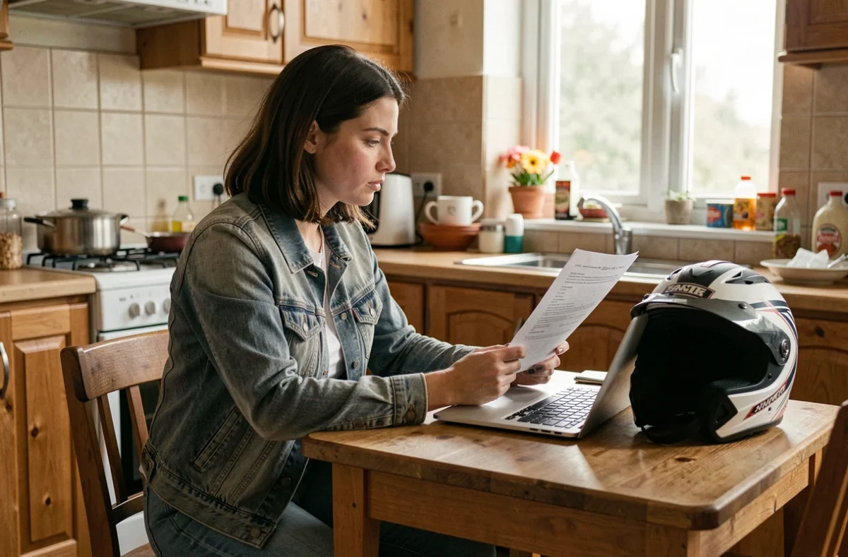 Femme consultant les démarches d'assurance moto cross sans carte grise depuis son domicile