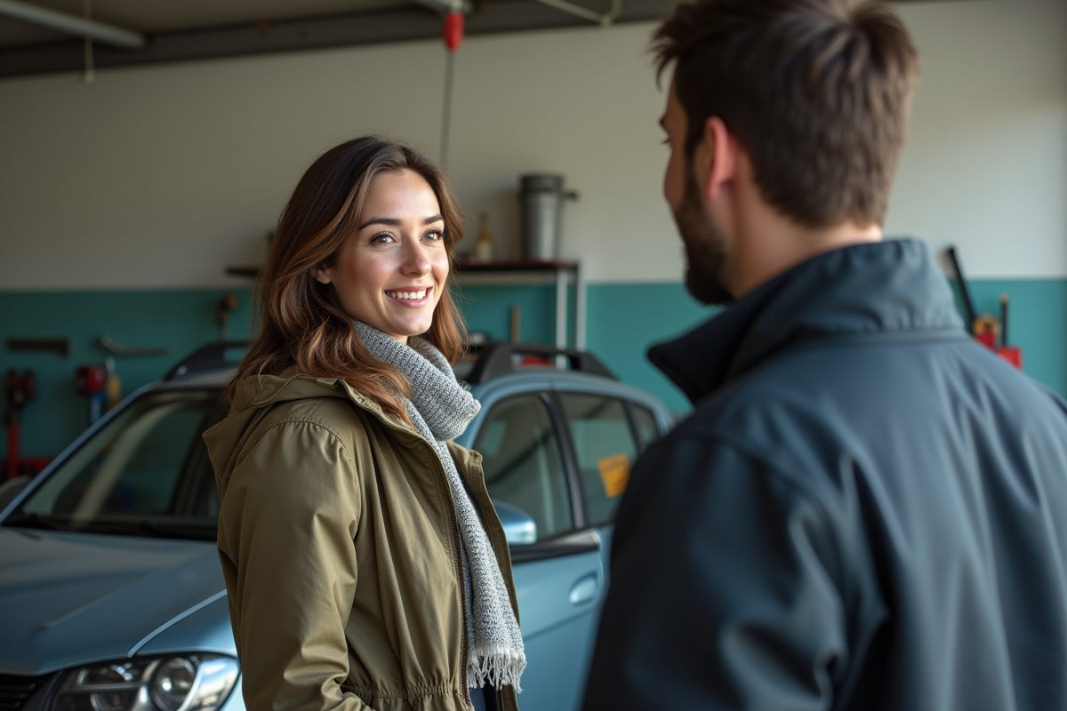 Femme parlant avec un mécanicien dans un garage
