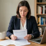 Femme consultant des documents d'assurance auto à son bureau avant de changer de contrat