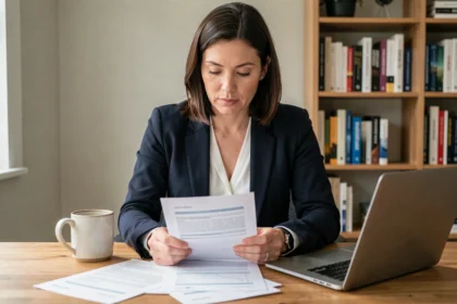 Femme consultant des documents d'assurance auto à son bureau avant de changer de contrat