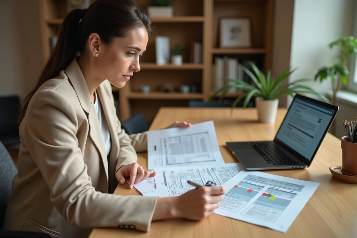 Femme consultant des documents d'assurance automobile et un simulateur de chevaux fiscaux sur ordinateur portable