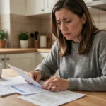 Femme consultant des documents d'assurance voiture à une table de cuisine, illustrant les démarches de remboursement