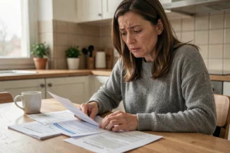 Femme consultant des documents d'assurance voiture à une table de cuisine, illustrant les démarches de remboursement