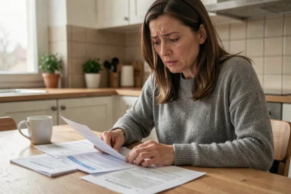 Femme consultant des documents d'assurance voiture à une table de cuisine, illustrant les démarches de remboursement