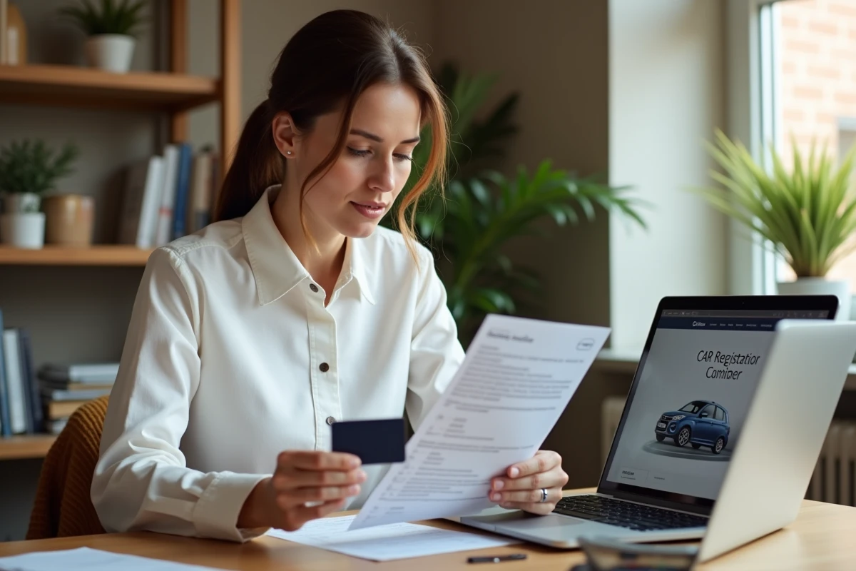 Femme comparant le numéro VIN sur les documents du véhicule pour retrouver le code autoradio gratuitement