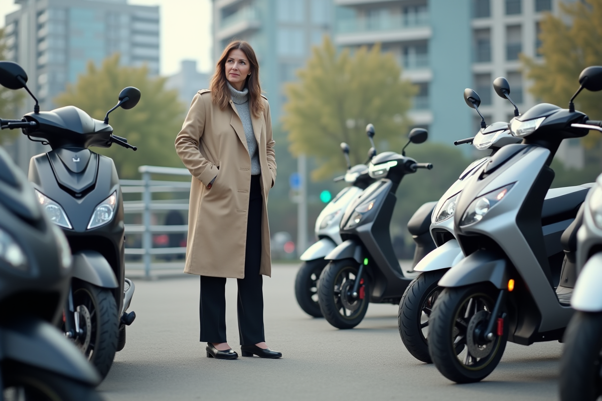 Femme examine scooters modernes en concession