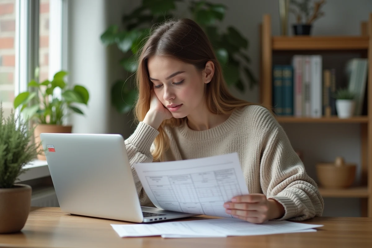 Femme concentrée à son bureau pour réviser le code de la route