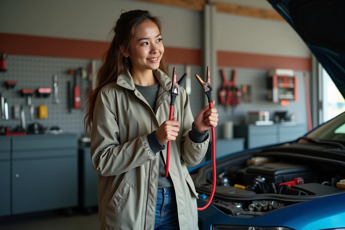 Jeune femme montrant câbles de batterie dans un garage
