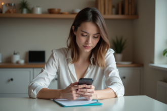 Jeune femme concentrée remplissant un formulaire en ligne à la maison