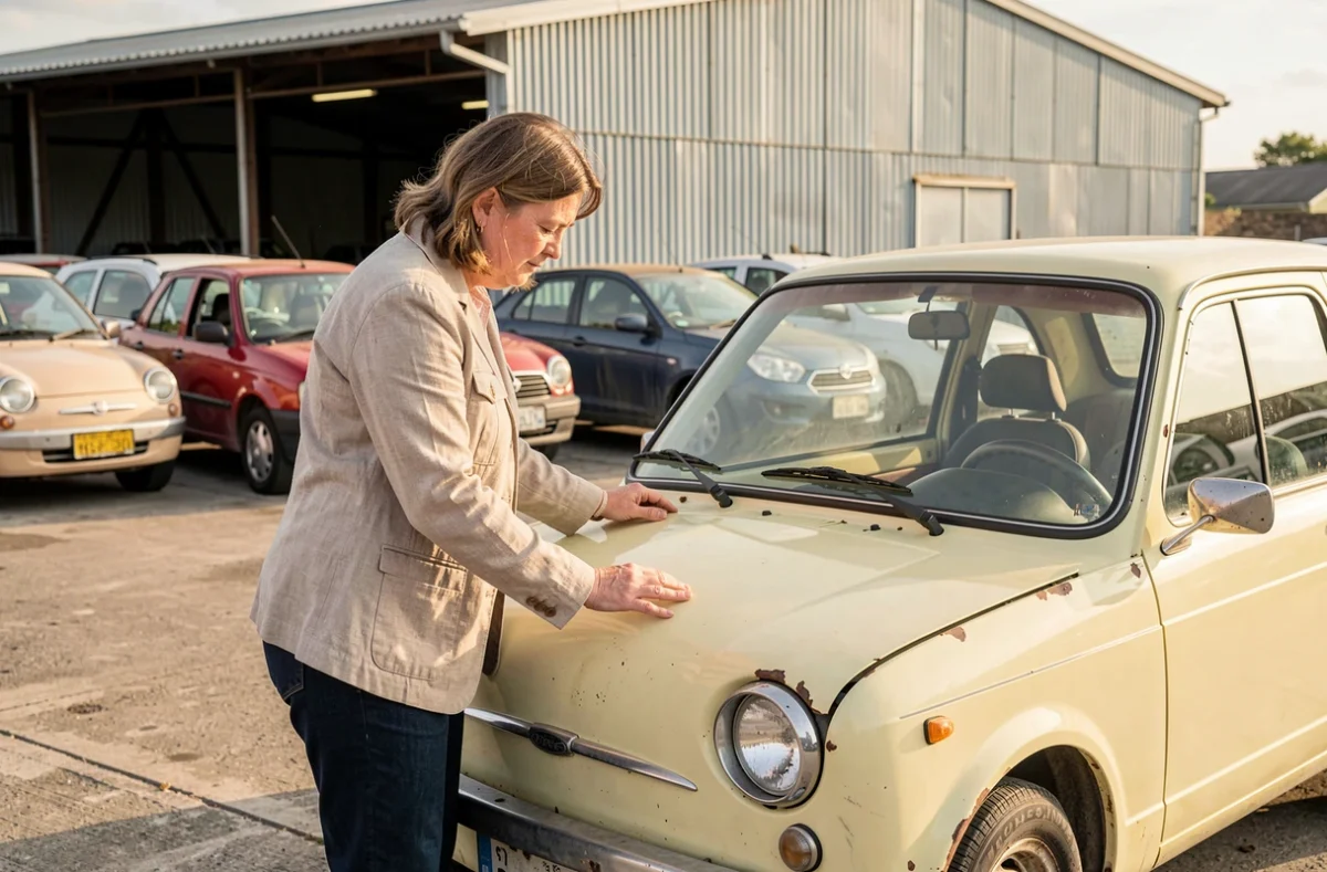 Femme inspectant une voiture sans permis d'occasion chez un concessionnaire de véhicules légers