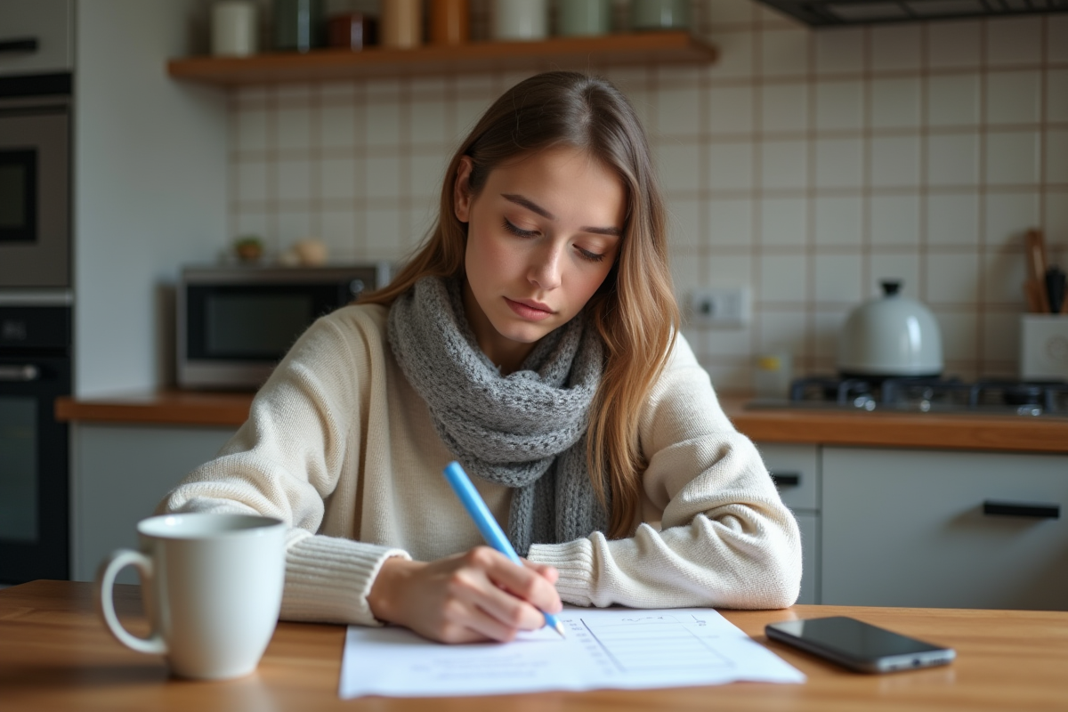Jeune femme marquant sa carte grise à la maison