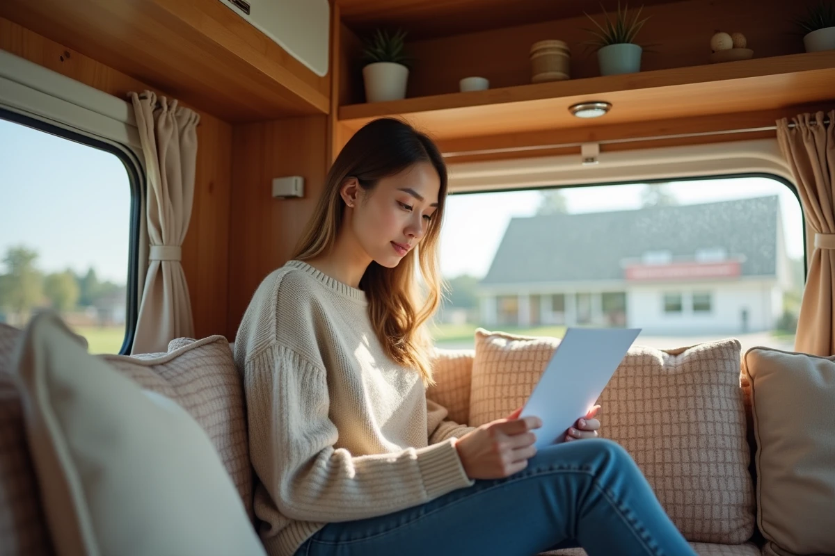 Jeune femme lisant dans une caravane chaleureuse