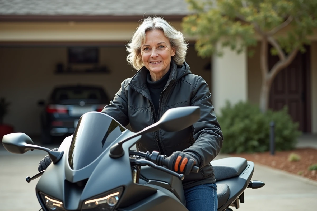 Femme assise sur une moto 750 GSX R dans une allée de maison