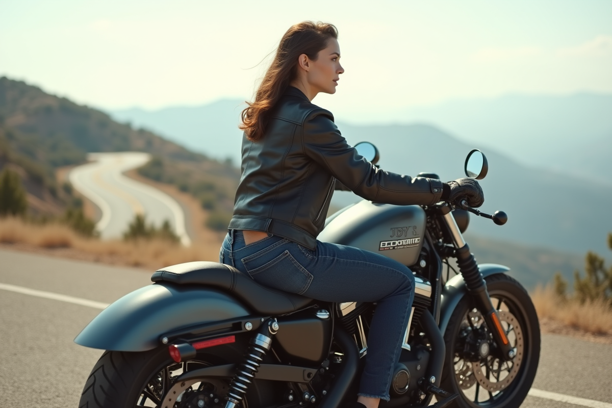 Femme en moto sur route panoramique montagne