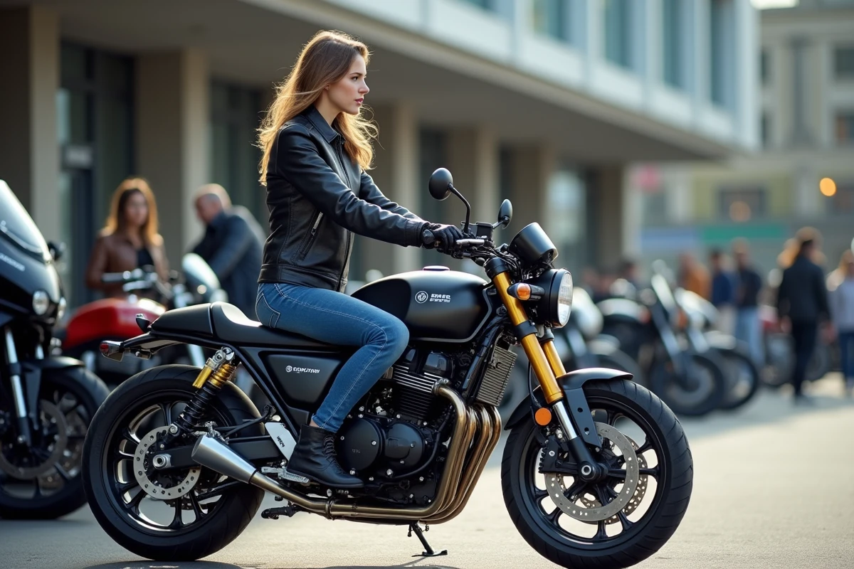 Jeune femme en cuir sur moto CB Boldor 900 en ville