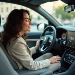 Femme dans un SUV Peugeot 5008 écoutant de la musique avec une expression apaisée, illustration de la pub Peugeot 5008 et sa musique mémorable