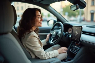 Femme dans un SUV Peugeot 5008 écoutant de la musique avec une expression apaisée, illustration de la pub Peugeot 5008 et sa musique mémorable