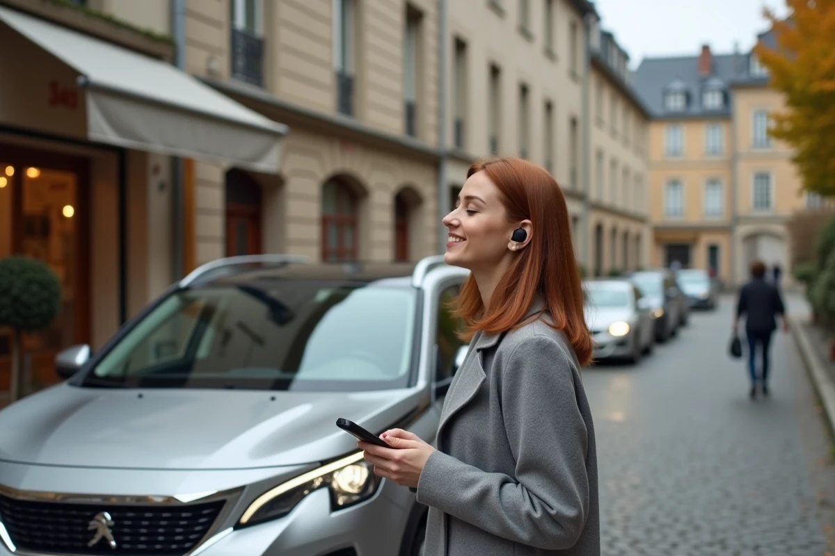 Femme écoutant la musique d'une publicité Peugeot sur son smartphone dans une rue française