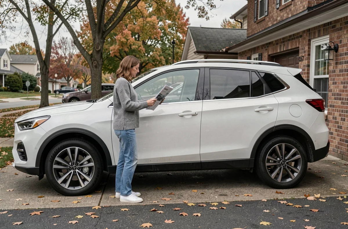 Femme consultant le manuel de sa voiture pour comprendre les différentes parties extérieures d'un SUV