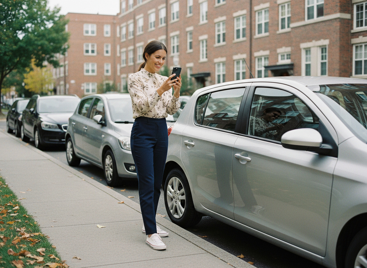 Jeune femme photographiant sa voiture dans une rue urbaine