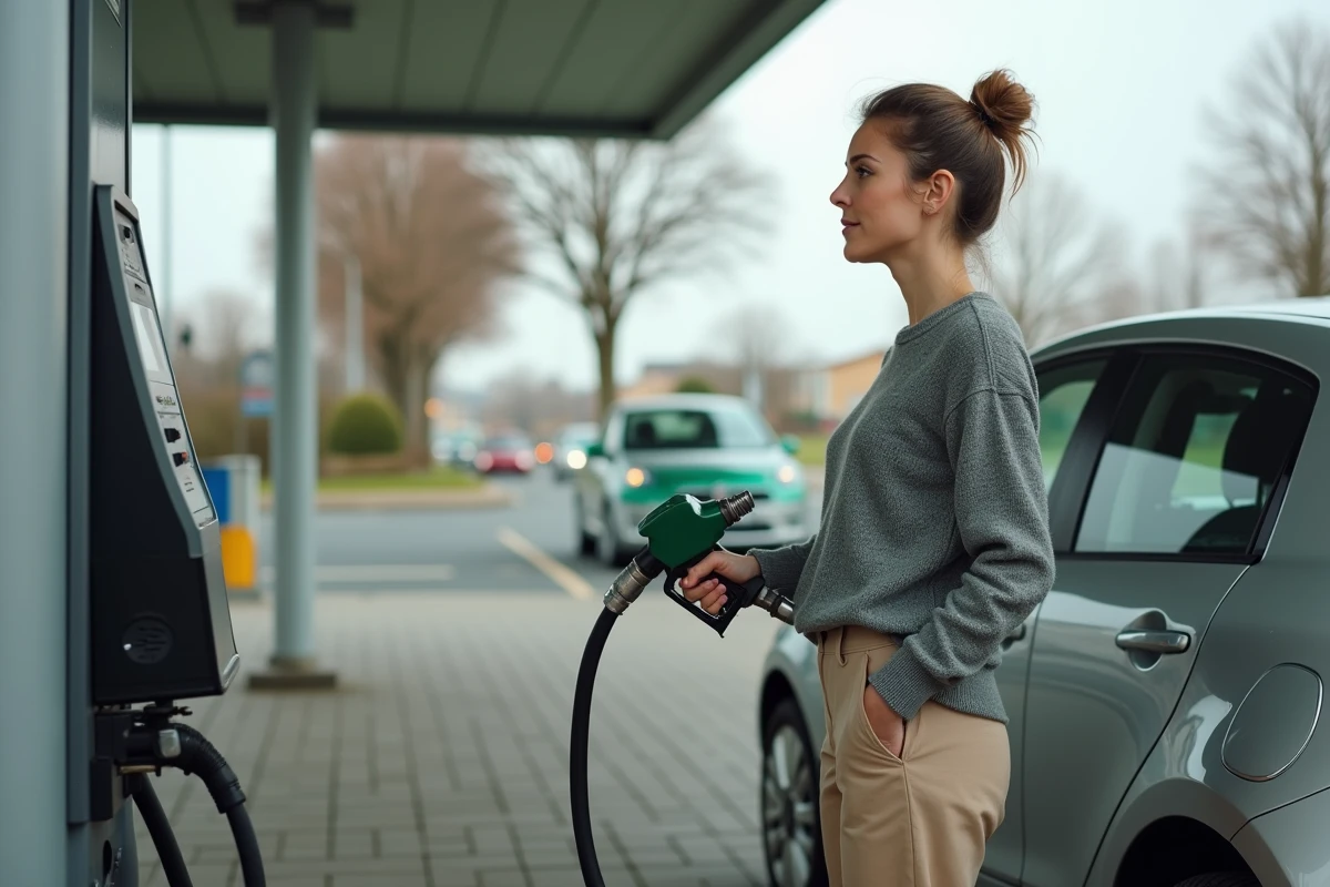 Femme faisant le plein d'essence sur une station-service, comparaison moteur essence diesel