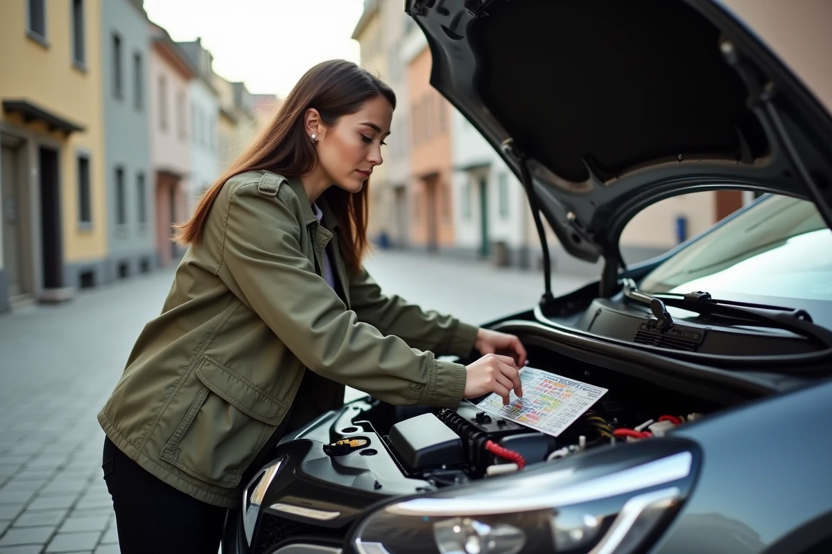 Jeune femme pointant un schéma de fusibles dans le moteur de Megane