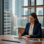 Femme en blazer bleu examinant des documents dans un bureau