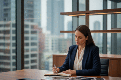 Femme en blazer bleu examinant des documents dans un bureau