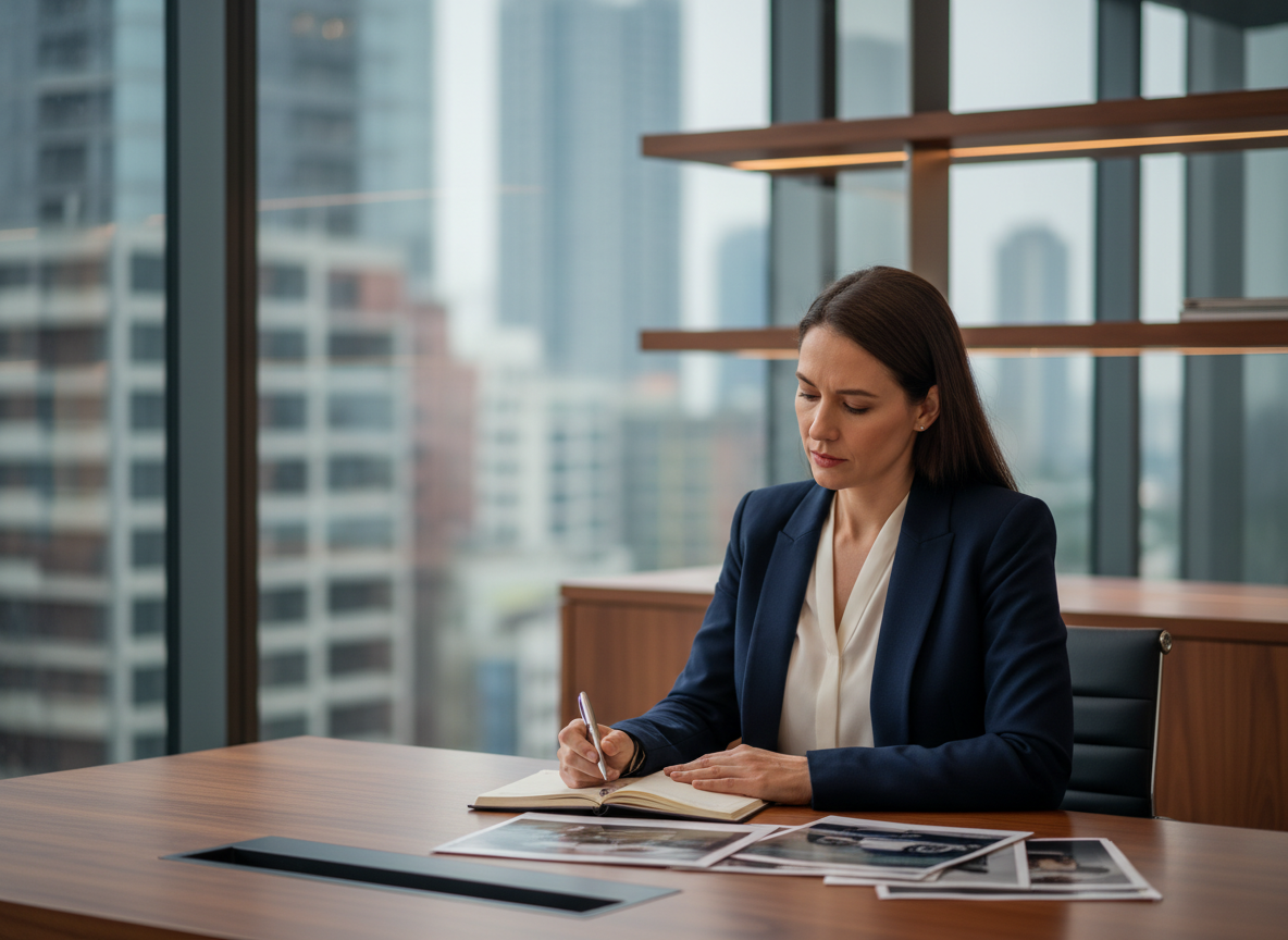 Femme en blazer bleu examinant des documents dans un bureau