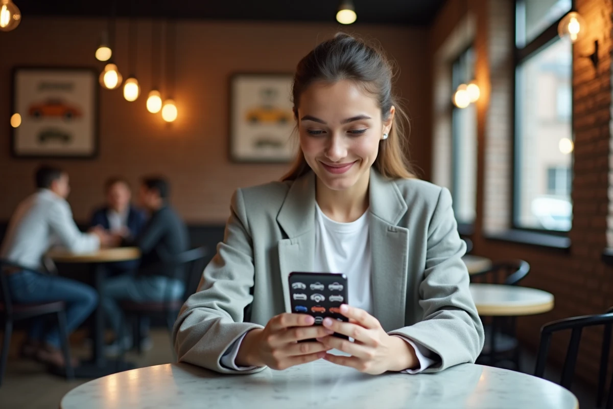 Femme jouant à un quiz automobile sur smartphone avec logos de marques de voitures