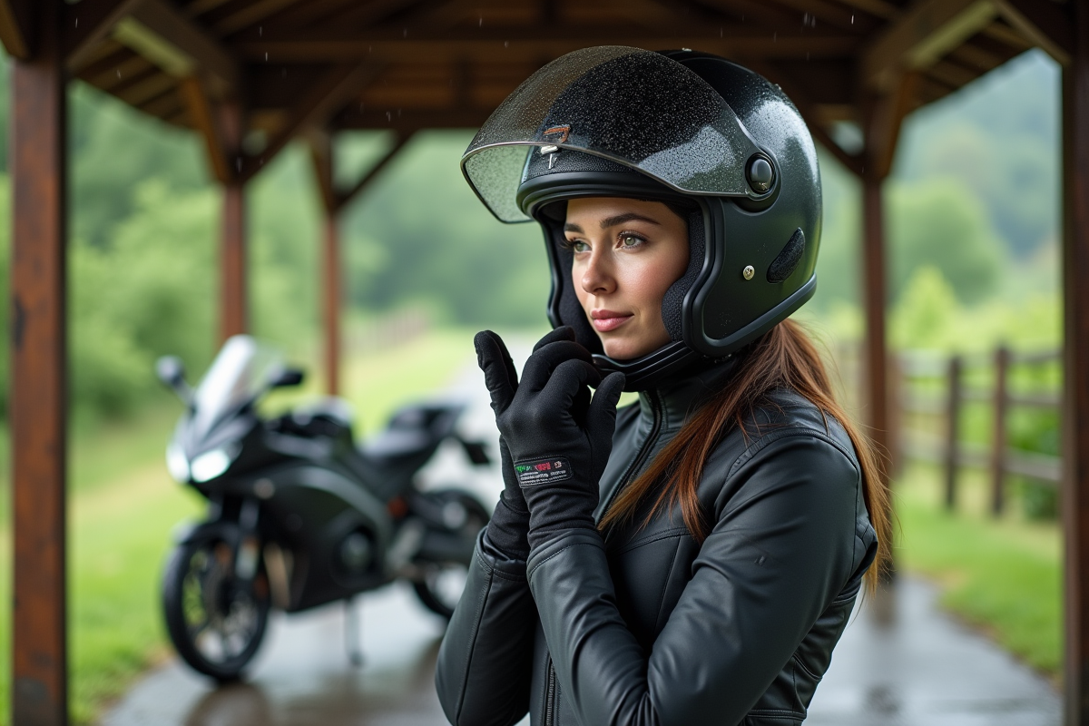 Jeune femme ajustant ses gants près de sa moto en campagne