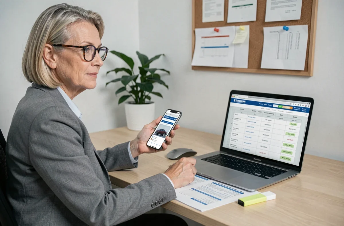 Femme consultant des devis d'assurance moto en ligne depuis son bureau à domicile