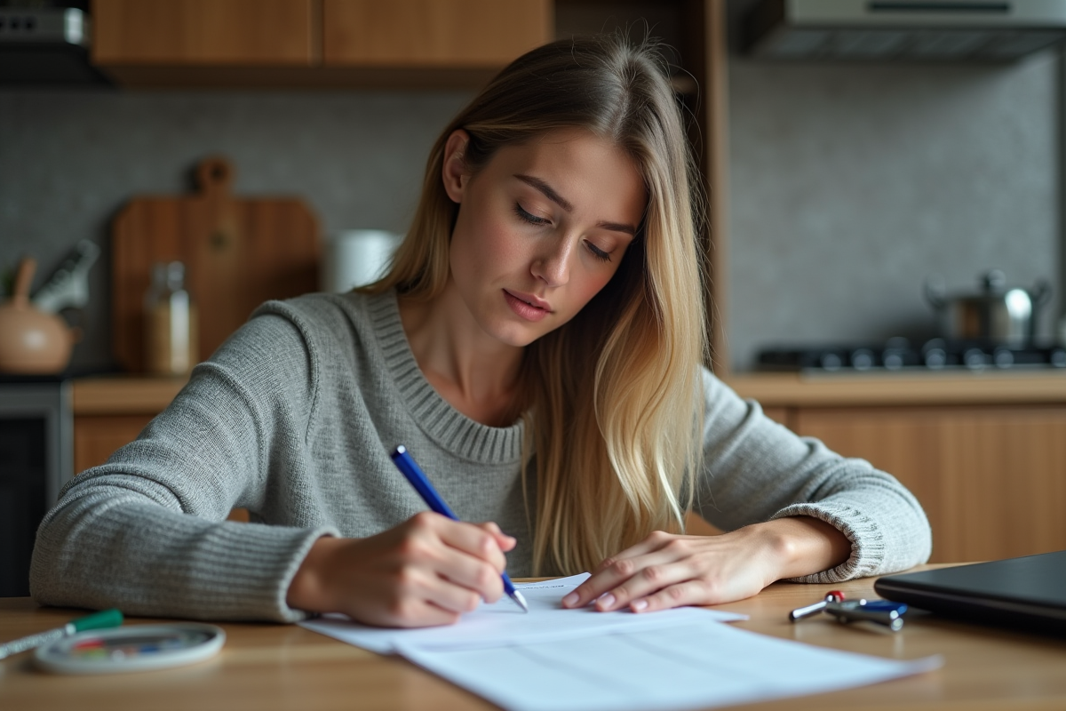 Jeune femme dans la cuisine remplit papiers de voiture