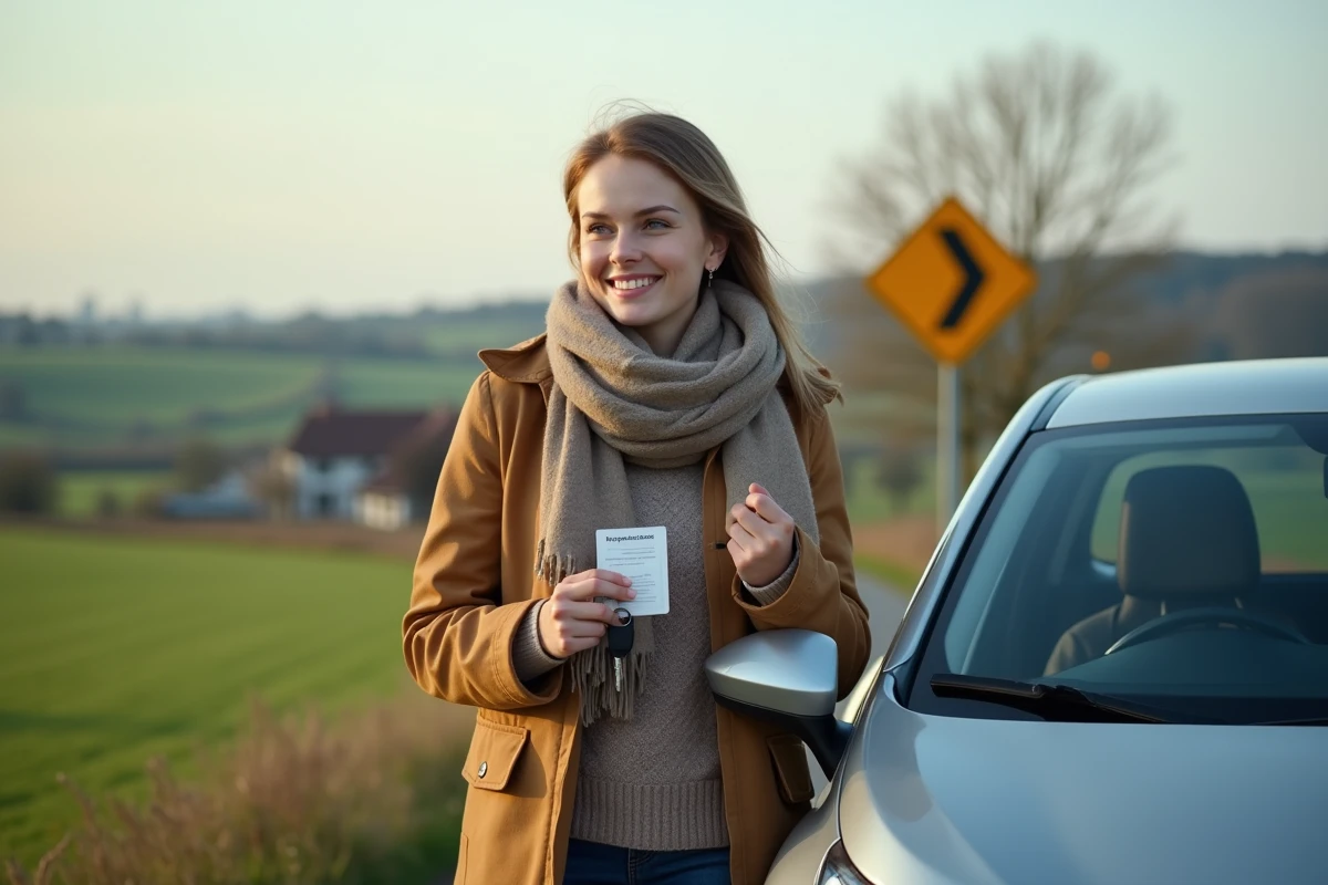 Jeune femme avec permis et clés à côté de sa voiture