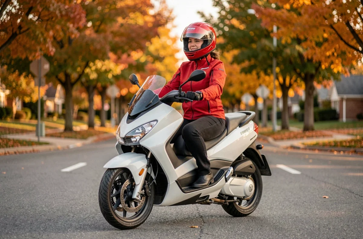 Femme en veste rouge assise sur un scooter MP3 400 LT blanc à un carrefour en automne, représentant la conduite sécurisée et la nécessité d'une assurance adaptée