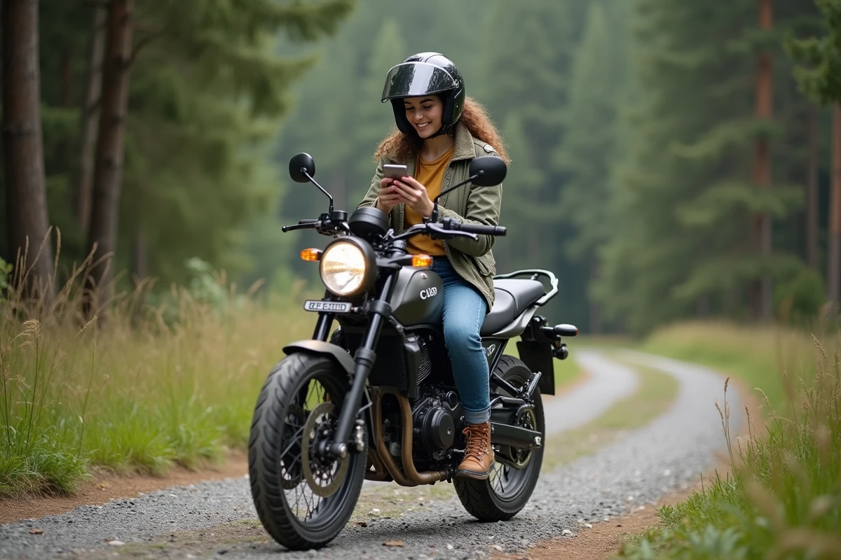 Femme sur moto en forêt avec smartphone