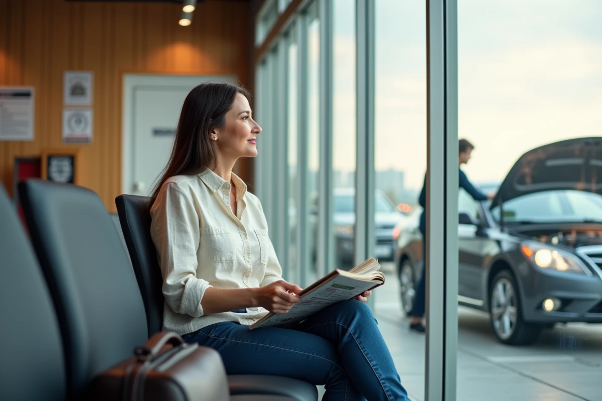 Femme dans un centre de service regardant sa voiture en réparation