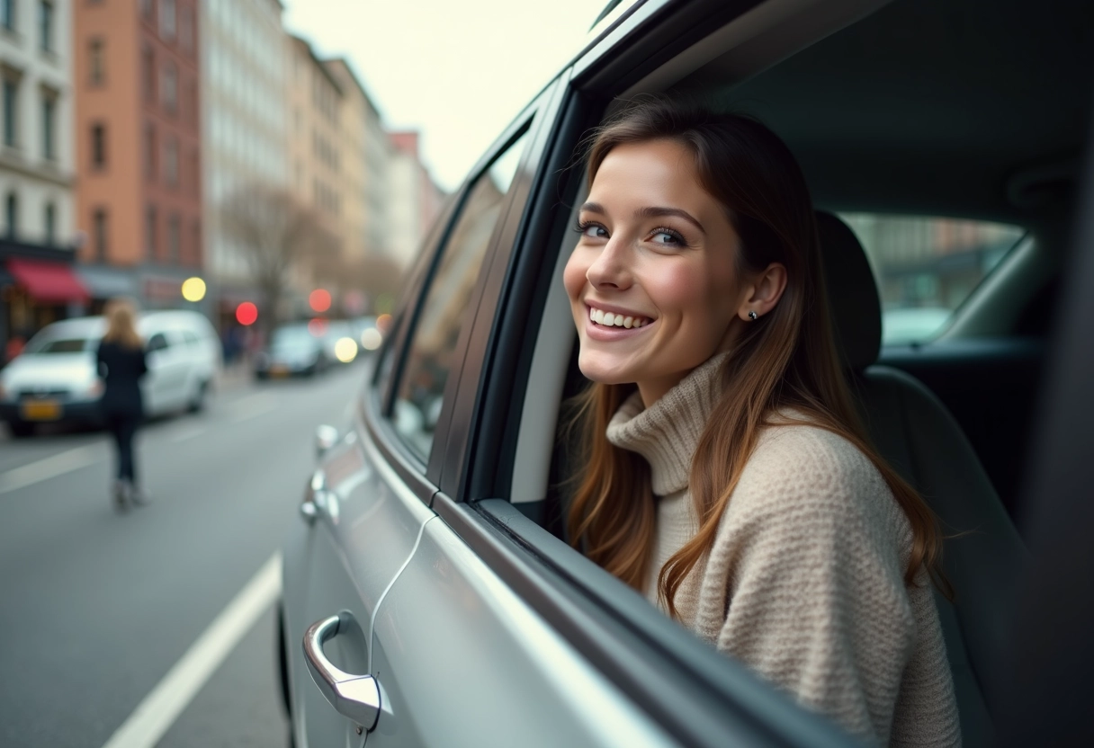 Jeune femme souriante assise dans une SUV en ville au printemps