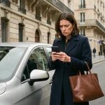 Femme frustrée devant sa voiture garée à Paris tentant d'utiliser PayByPhone sans succès