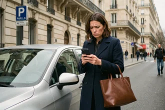 Femme frustrée devant sa voiture garée à Paris tentant d'utiliser PayByPhone sans succès