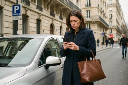 Femme frustrée devant sa voiture garée à Paris tentant d'utiliser PayByPhone sans succès
