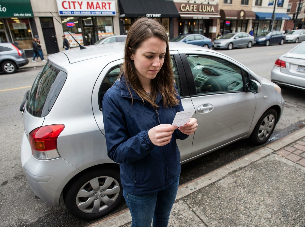 Jeune femme regardant un ticket de stationnement dans la rue urbaine