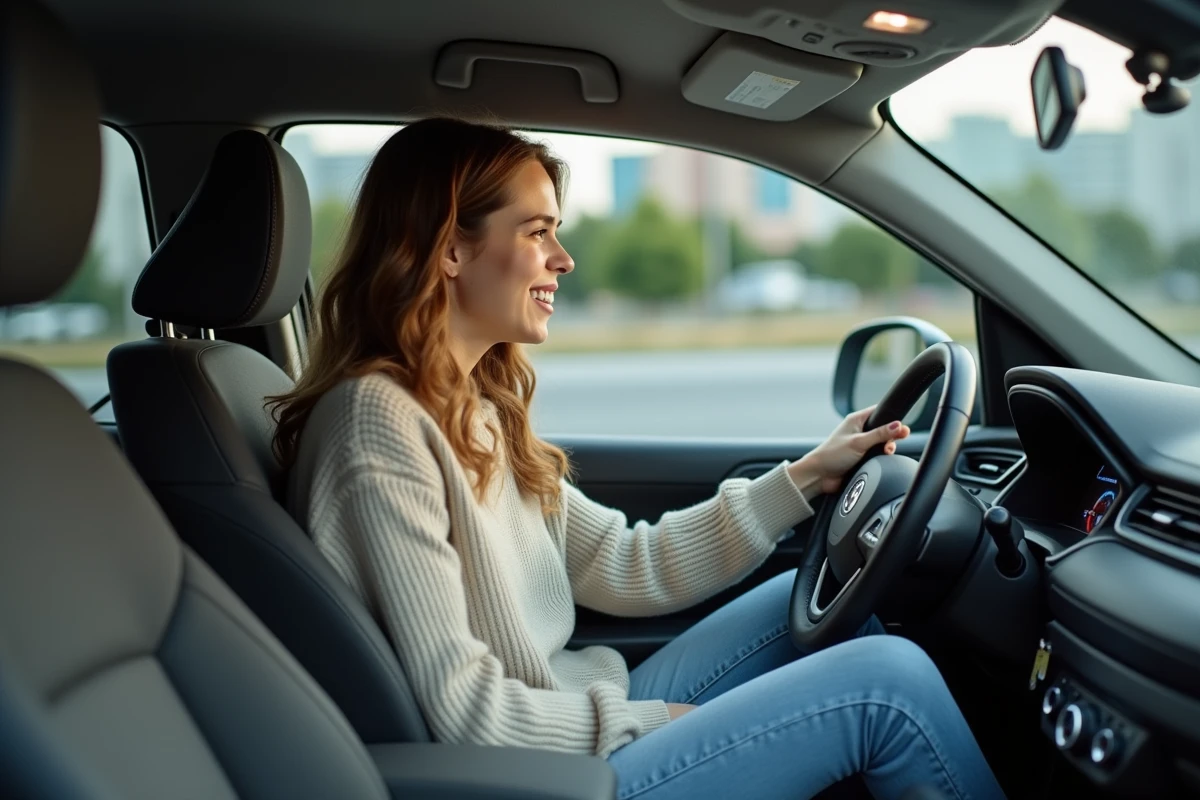 Jeune femme dans une voiture en ville moderne