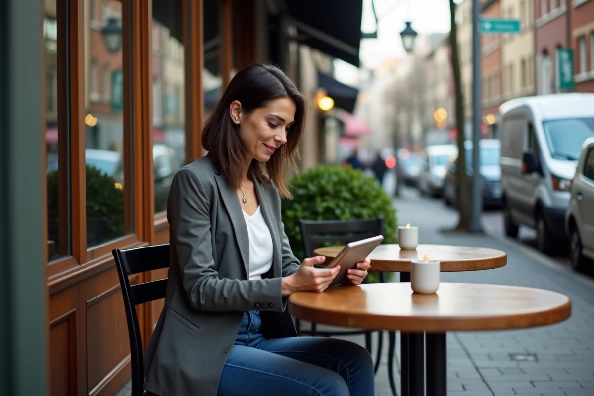 Femme consulte une tablette dans un café en ville
