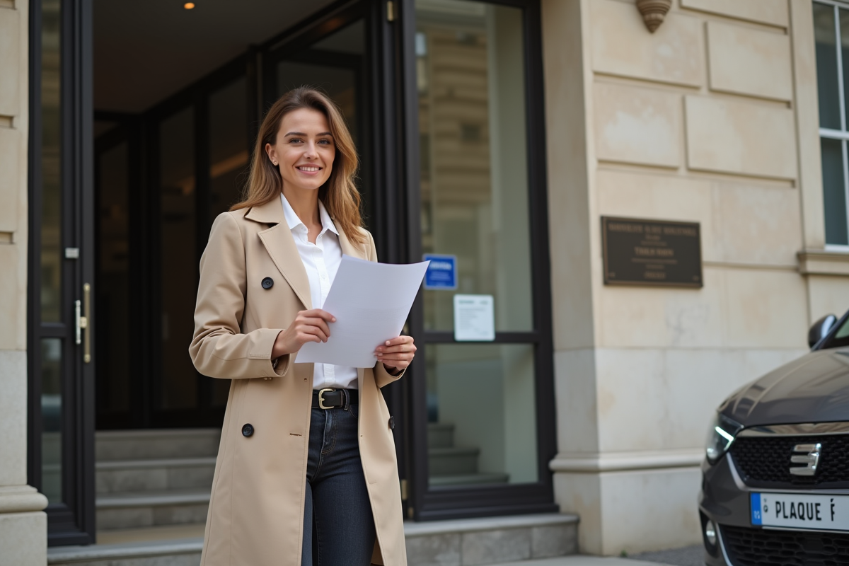 Jeune femme avec papiers devant un bâtiment officiel