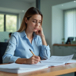Femme concentrée travaillant sur des documents officiels dans un bureau moderne