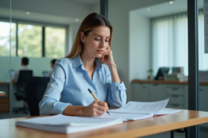 Femme concentrée travaillant sur des documents officiels dans un bureau moderne