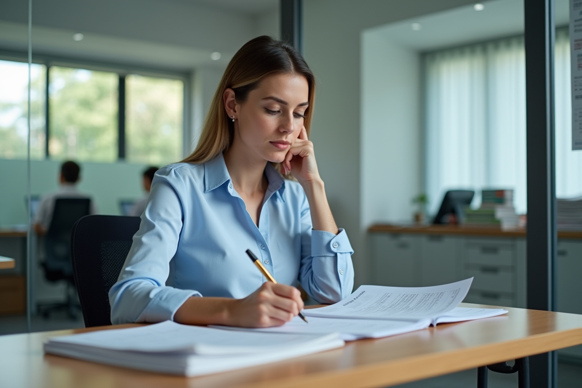 Femme concentrée travaillant sur des documents officiels dans un bureau moderne