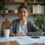 Femme concentrée travaillant à la maison avec papiers et ordinateur